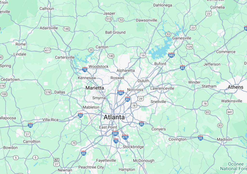 Picture of a map of Atlanta and the surrounding cities that Greenway Services provides construction services for